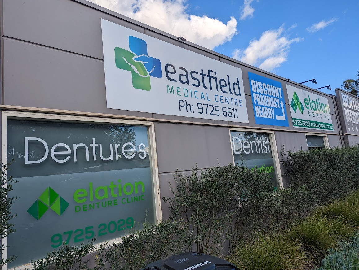 Street signage for Elation Dental and Eastfield Medical centre at 111 Bayswater Road, Croydon South Vic 3136